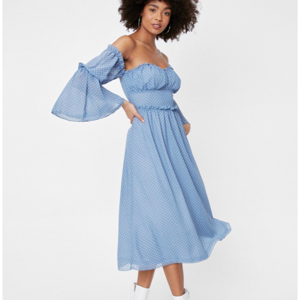 Nasty Gal Chiffon Off the Shoulder Polka Dot Midi Dress Size 6